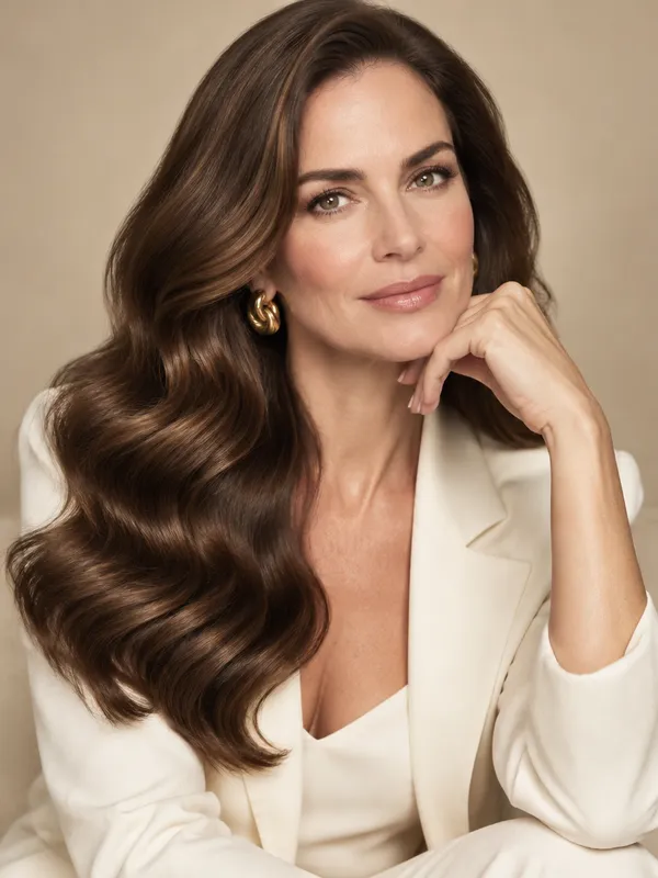 Mujer con extensiones largas, estilo ondas hollywood, tono #4 Chocolate Brown